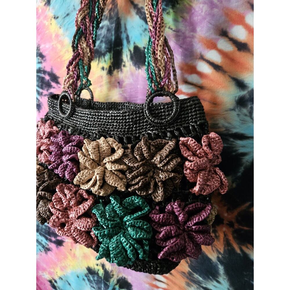 Unique Acrylic Floral Raffia Handbag Black With Colorful Flower Accents